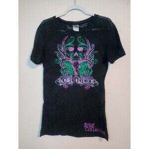 Y2K Black Bone Collector Glitter Logo Burnout Baby Tee Sz XL Mcbling Grunge 2000